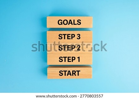 Goal setting and step-by-step planning concept. Wooden blocks labeled start, steps, and goals, representing progress, strategy, achievement, workflow, and structured business development.