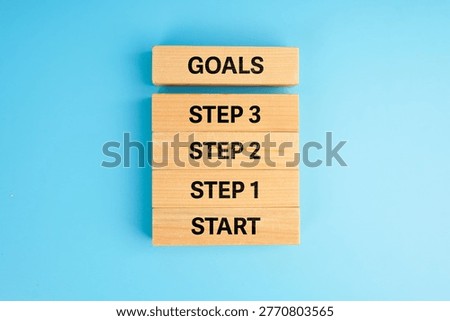 Goal setting and step-by-step planning concept. Wooden blocks labeled start, steps, and goals, representing progress, strategy, achievement, workflow, and structured business development.