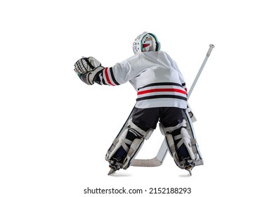 Goalie Position. Back View Portrait Of Young Boy, Child, Hockey Player Training Isolated Over White Studio Background. Concept Of Sportive Lifestyle, Childhood, Hobby, Action. Copy Space For Ad