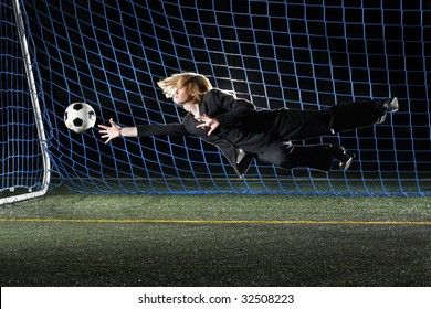 Goalie Wearing Business Suit, Woman