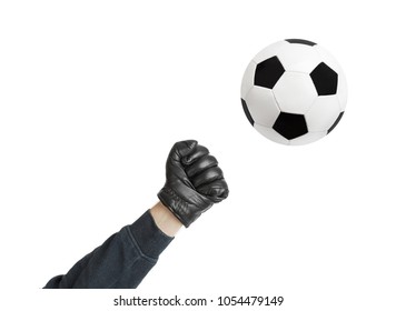 Goalkeeper Hand And Soccer Ball Isolated On White Background