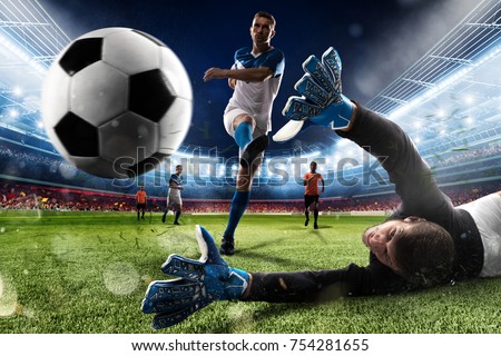 Goalkeeper kicks the ball in the stadium
