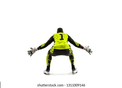 Goalkeeper Ready To Save On White Studio Background. Soccer Football Concept. Back View