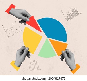 Goals, objectives, plans. Human hands control, taking pieces of muclticolored diagram isolated on light background. Contemporary art collage. Inspiration, idea. Concept of work, occupation, business - Shutterstock ID 2034819878