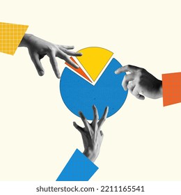 Goals, objectives, plans. Human hands control, taking pieces of muclticolored diagram isolated on light background. Contemporary art collage. Inspiration, idea. Concept of work, occupation, business