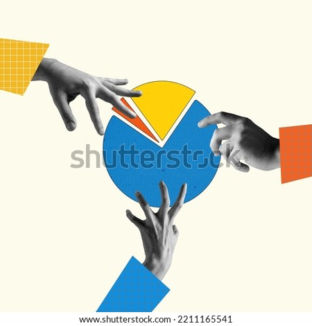Goals, objectives, plans. Human hands control, taking pieces of muclticolored diagram isolated on light background. Contemporary art collage. Inspiration, idea. Concept of work, occupation, business