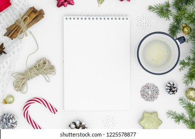 Goals Plans Dreams Make To Do List For New Year 2019 Christmas Concept Writing In Notebook Pen Gift Fir Brunches On White Background. New Year Winter Holiday Xmas