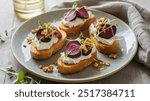 Goat Cheese Crostini: Toasted crostini topped with creamy goat cheese, a drizzle of honey, and a sprinkle of fresh herbs for a sophisticated and savory bite.