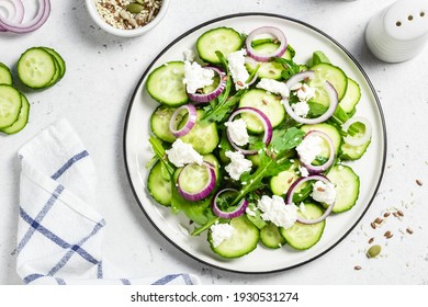 Goat Cheese Cucumber Salad With Apple Cider Vinegar Dressing. Space For Text, Top View.