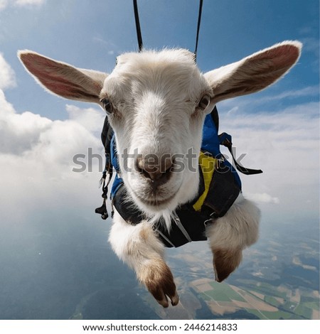 goat wearing a skydiving pack freefalling from a high altitude, hair blowing upward.
