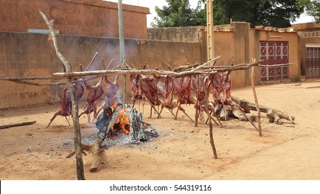 Goats being grilled in the streets of Niamey, Niger, for a traditional muslim festivity (tabaski)