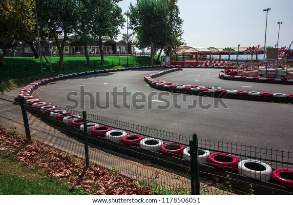 Gocarting Track Red White Barrier Tires Sports Recreation Stock