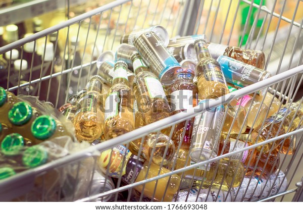 Gocek, Mugla/\
Turkey - 06-04-2020: Cold beverages in the supermarket car, fruit\
juice, ice-tea, ice-coffee,\
lemonade