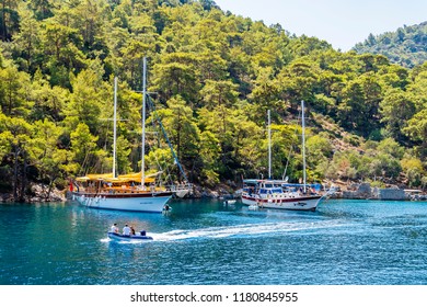 Gocek, Turkey - September 13, 2018 : People Are Yachting At Cleopatra Bath Bay In Turkey.