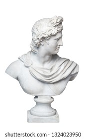 God Apollo Bust Sculpture. Ancient Greek God Of Sun And Poetry Plaster Copy Of A Marble Statue Isolated On White.