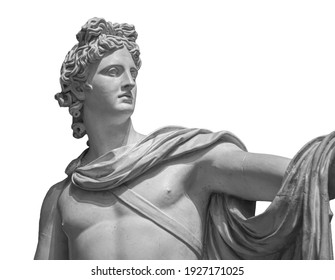 God Apollo bust sculpture. Ancient Greek god of Sun and Poetry Plaster copy of a marble statue isolated on white
