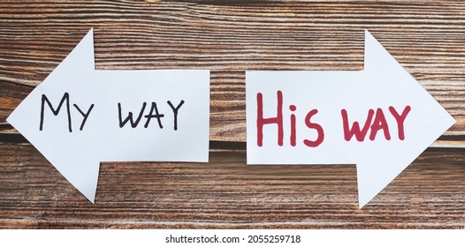 God Jesus Christ way of life. Choose the path to eternal life. Follow God. The biblical concept of godly wisdom, guidance, leading, and Christian growth. Handwritten words on paper arrows. A closeup. - Shutterstock ID 2055259718