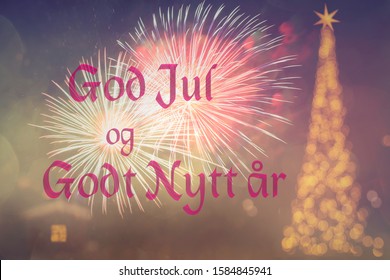 "God Jul och Godt Nytt ar" means "Merry Christmas and Happy New Year" in Norwegian. Blurred background of beautiful decorated Christmas tree with golden lights. Fireworks. Bokeh. Greeting Norway 