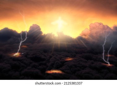 God light appears on clouds for the final judgment. Reckoning day concept religious theme.