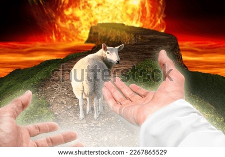 God saves the sheep from hell and calls it to follow him. Religious conceptual theme.
