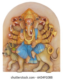God of success, God of art drive lion, Orange body, Eight  hands, Five elephant head on white background