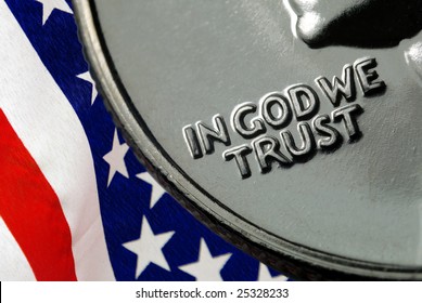 In God We Trust On 1967 United States Quarter Over American Flag