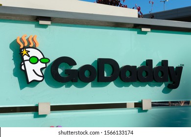 GoDaddy logo at Silicon Valley office of internet domain registrar and web hosting company - Sunnyvale, California, USA - 2019