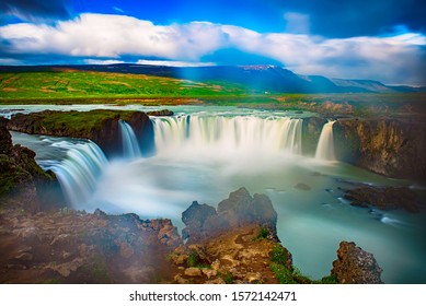 Godafoss Waterfall In Iceland, Summer Natural Travel Background