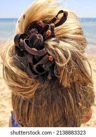 Godbox Insect Invasion. Hairstyle Of A Woman With Long Blond Hair With A Hair Clip And Many Ladybugs.