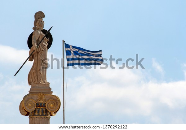 Goddess Athena Sculpture Greek National Flag Buildings Landmarks