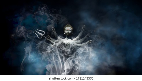 Goddess Durga In Smoke Or Happy Durga Puja Subh Navratri Background