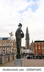 Godin Minerva Statue Near Grote Markt , Town Square In Old Town Of Antwerp During Winter In Antwerp , Belgium : November 29 , 2019