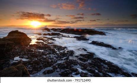 Godrevy Beach And Rocks At Sunset, Cornwall Winter Seascape