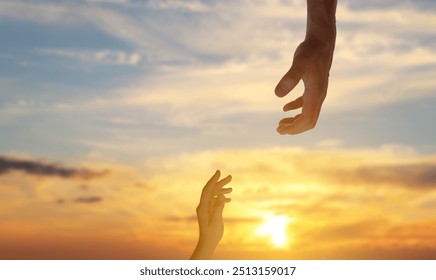 God's help and support. Human reaching for hand from heaven