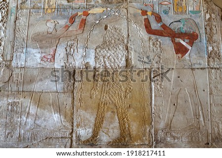 Gods Thoth and Horus making libation over the head of queen Hatshepsut, whose image has been erased by her son Thuthmosis III, Luxor, Egypt