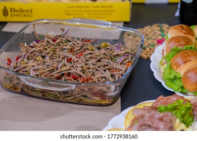 GOIANIA/GOIAS/BRAZIL - JULY 04 2020: Buffet At Home Event. Shredded Meat In A Bowl. Salad Bar.