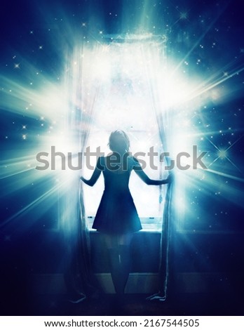 Its going to be a beautiful day.... Illustration of a woman opening a window to brilliant glowing light.