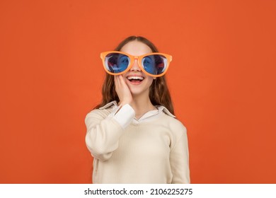 Going Crazy. Childhood Happiness. Fancy Party Look. Happy Funny Kid In Glamour Eyeglasses