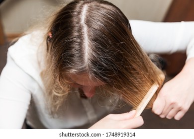 Going Gray. Woman Shows Her Gray Hair Roots. Close Up