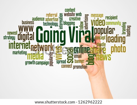 Going viral word cloud and hand with marker concept on white background.