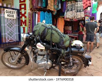 GOKARNA, February 2015: A Bullet Bike With Big Backpack Of A Foreign   Tourist Parked At Gokarna, India.