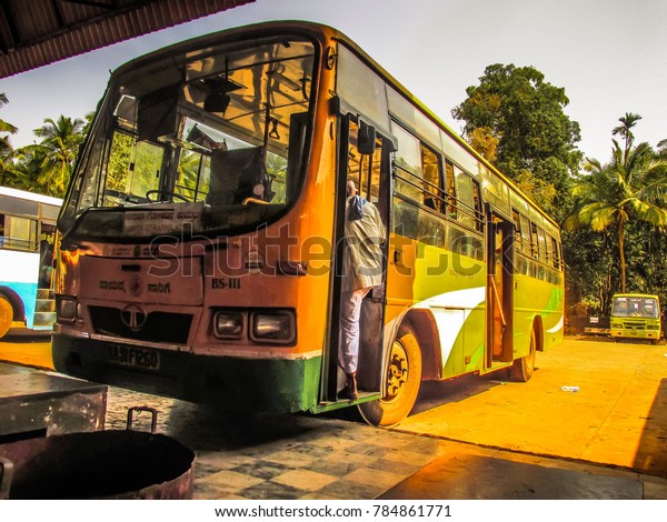 Gokarna Karnataka India December 19-2017\
Classic indian bus in the central bus\
station
