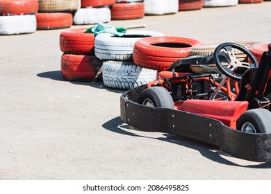 The Go-kart Track Is Limited To Red Tires. Free Karting With Steering Wheel Awaits The Driver. Go Karting