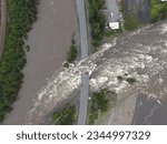 Gol Hallingdal Norway 10.08.2023 Flooding in Hallingdal. Flooding in the town of Gol. Disaster. Destruction. Destroyed bridge in the town of Gol. For television. For reporting. Destructive nature