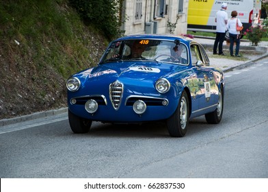 GOLA DEL FURLO, ITALY - MAY 19: ALFA ROMEO GIULIETTA SPRINT VELOCE 1956 On An Old Racing Car In Rally Mille Miglia 2017 The Famous Italian Historical Race (1927-1957) On May 19 2017