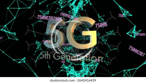 Gold 5G lettering floating in digital space, with HUD rings, teal mesh network and magenta numbers. Technology, connectivity, innovation, digital, futuristic, communication, cyber