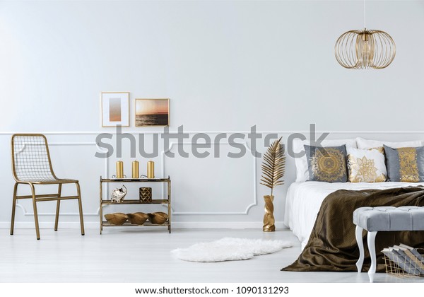 Gold Accents Bedroom Interior Bed Chair Interiors Stock Image
