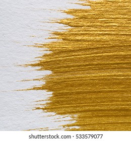 Gold Acrylic Paint On White Paper Background , Gold Texture Free Hand Stoke