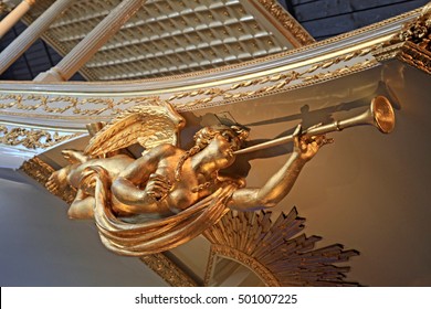 Gold Angel Statue On Bowsprit Of Baroque Dutch Medieval Ship Detail, Selective Focus