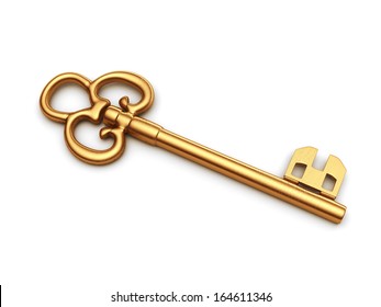 Gold Antique Key Isolated On White Background 